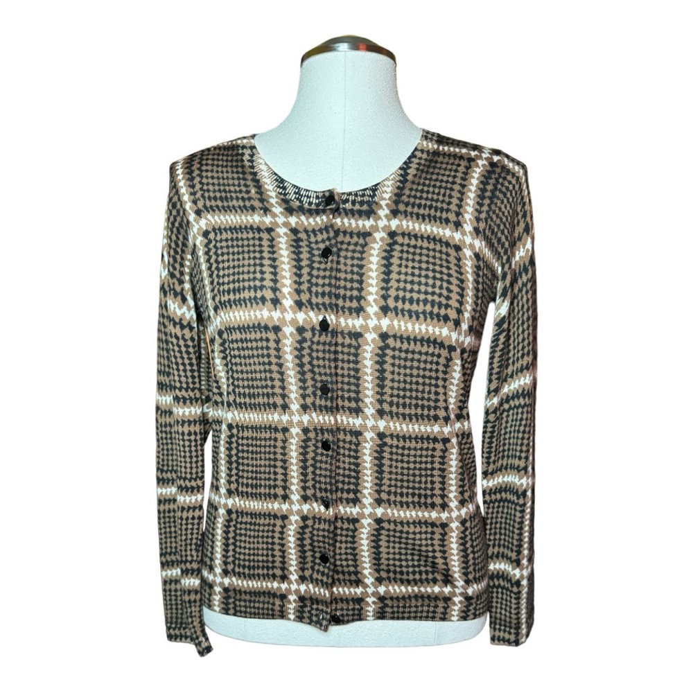 Talbots Academia Brown Houndstooth Merino Wool Spring Cardigan Sweater